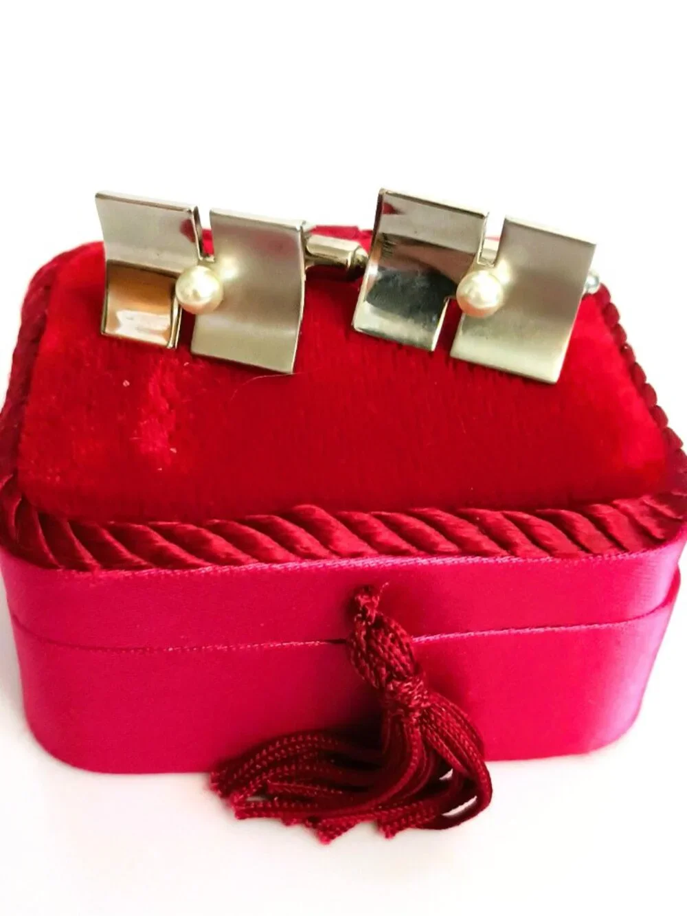 Silver Rectangle Scoop Pearl Cufflinks
